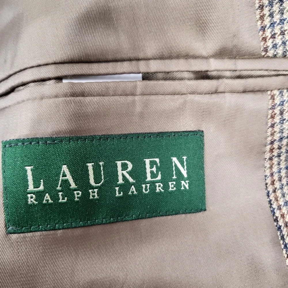 LRL Ralph Lauren Blazer Mens 44L Tan Silk Wool‎ Houndstooth Sport Coat